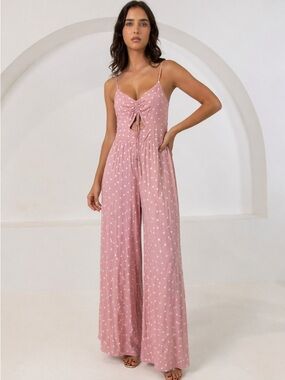 AFRM Blush Pink Polka Dot Tie-Front Wide-Leg Jumpsuit